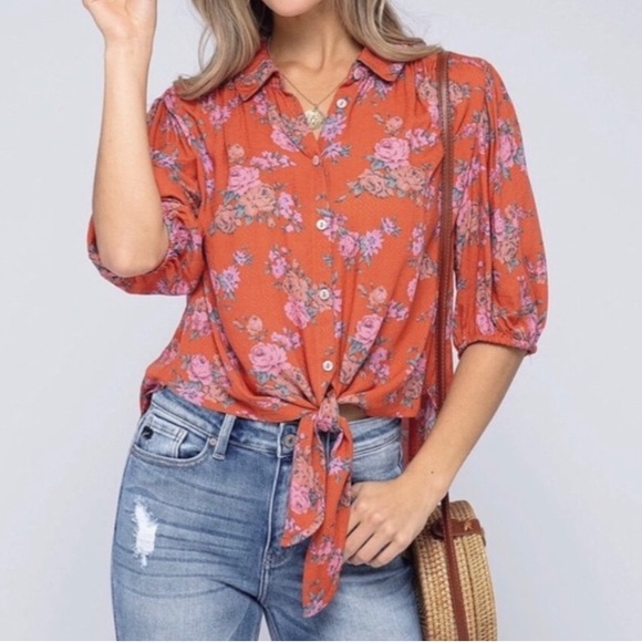 Free People Tops - Free People Celia Floral Front Tie Blouse Size Small